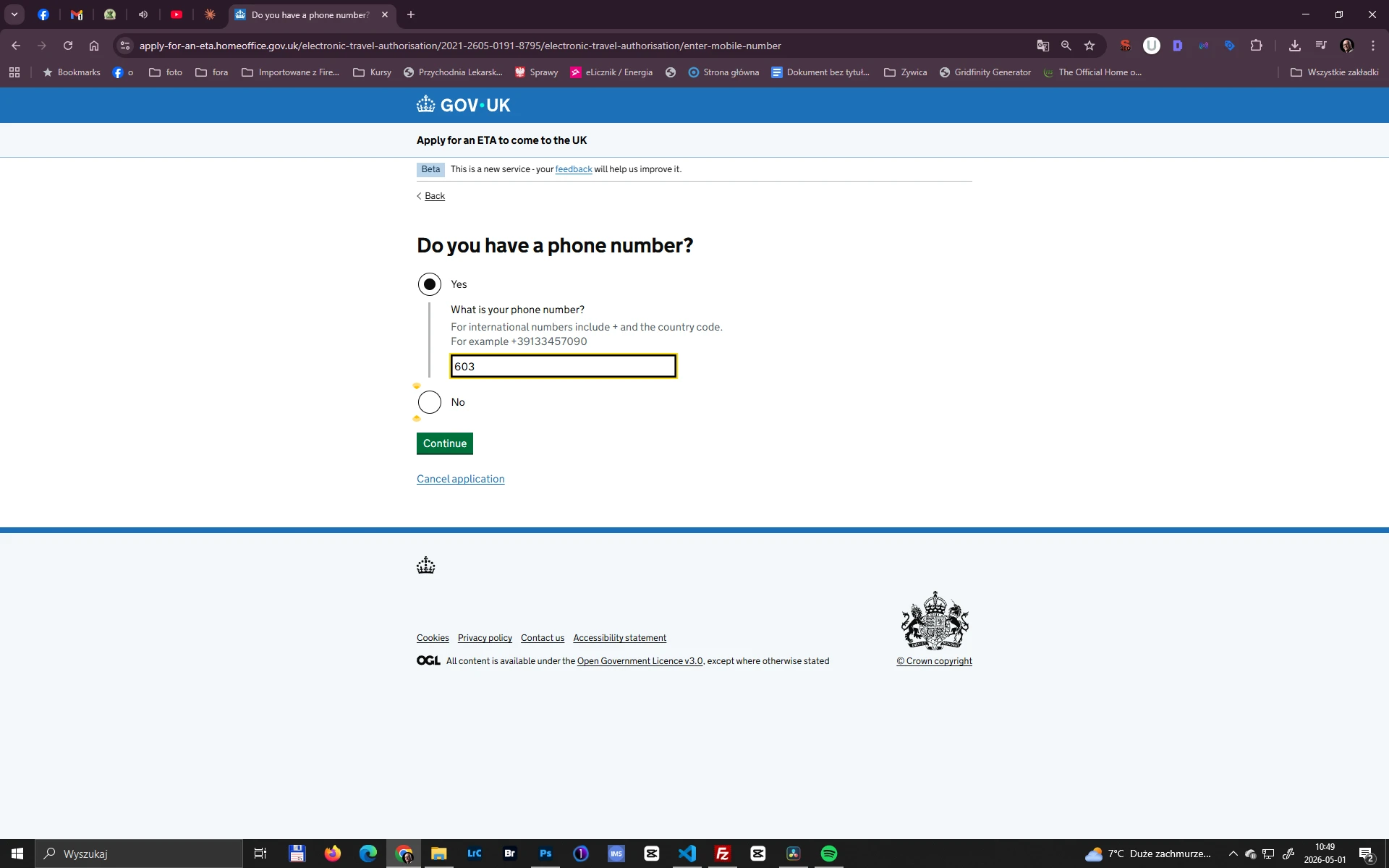 Formularz ETA GOV.UK – pole na numer telefonu wnioskodawcy w formacie międzynarodowym