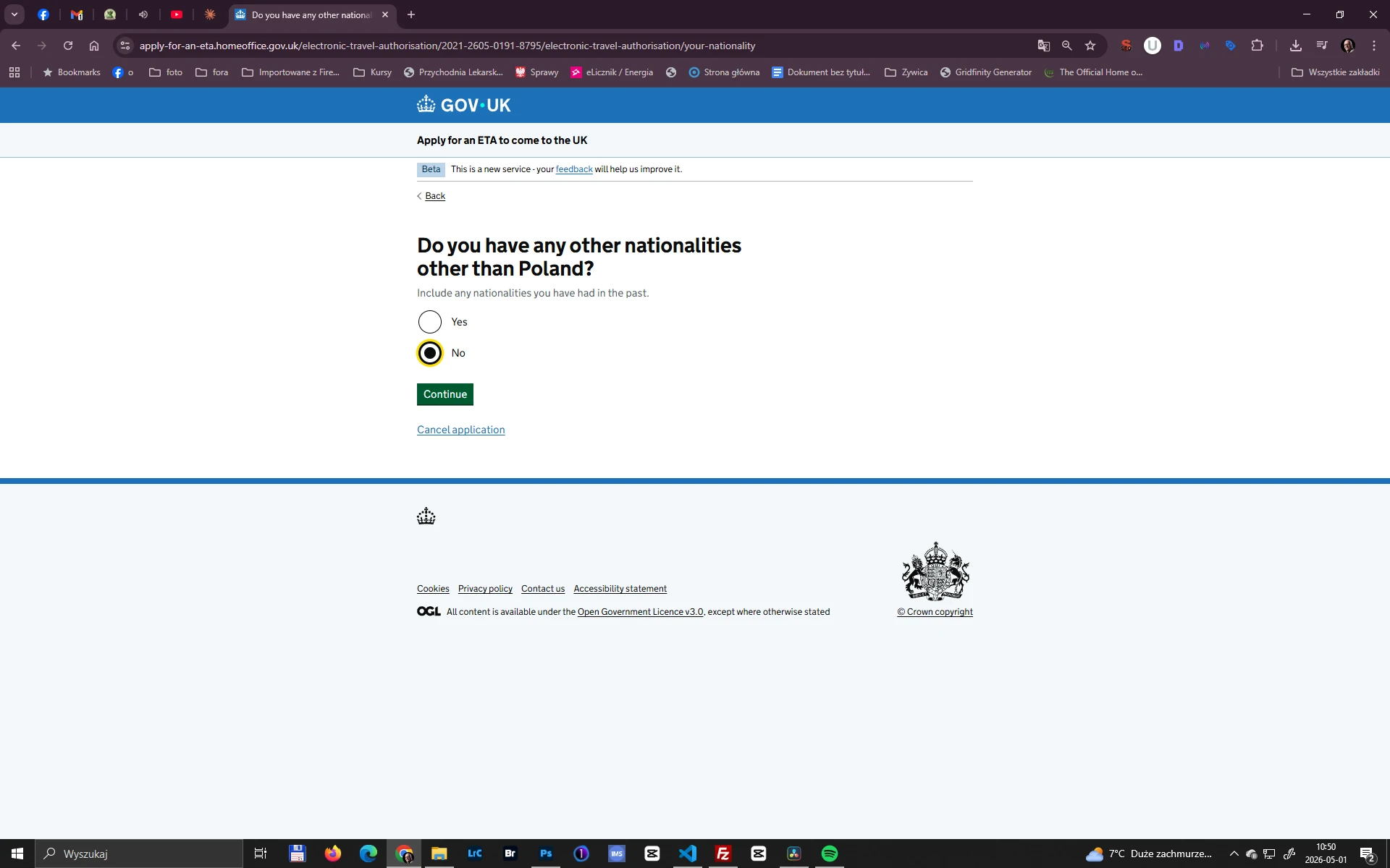 Formularz ETA GOV.UK – pytanie o inne obywatelstwa poza polskim, dotyczy też historycznych obywatelstw