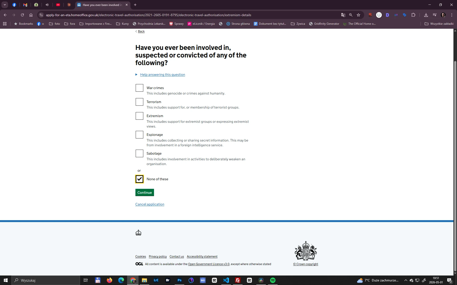 Formularz ETA GOV.UK – pytania dotyczące bezpieczeństwa: terroryzm, zbrodnie wojenne, szpiegostwo