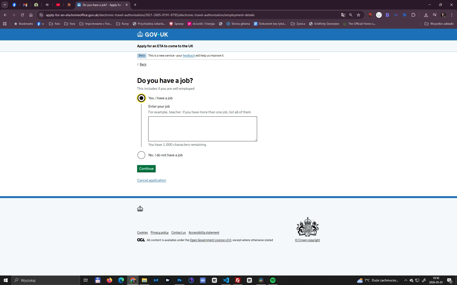 Formularz ETA GOV.UK – pytanie o pracę i zatrudnienie, dotyczy też samozatrudnienia i własnej firmy