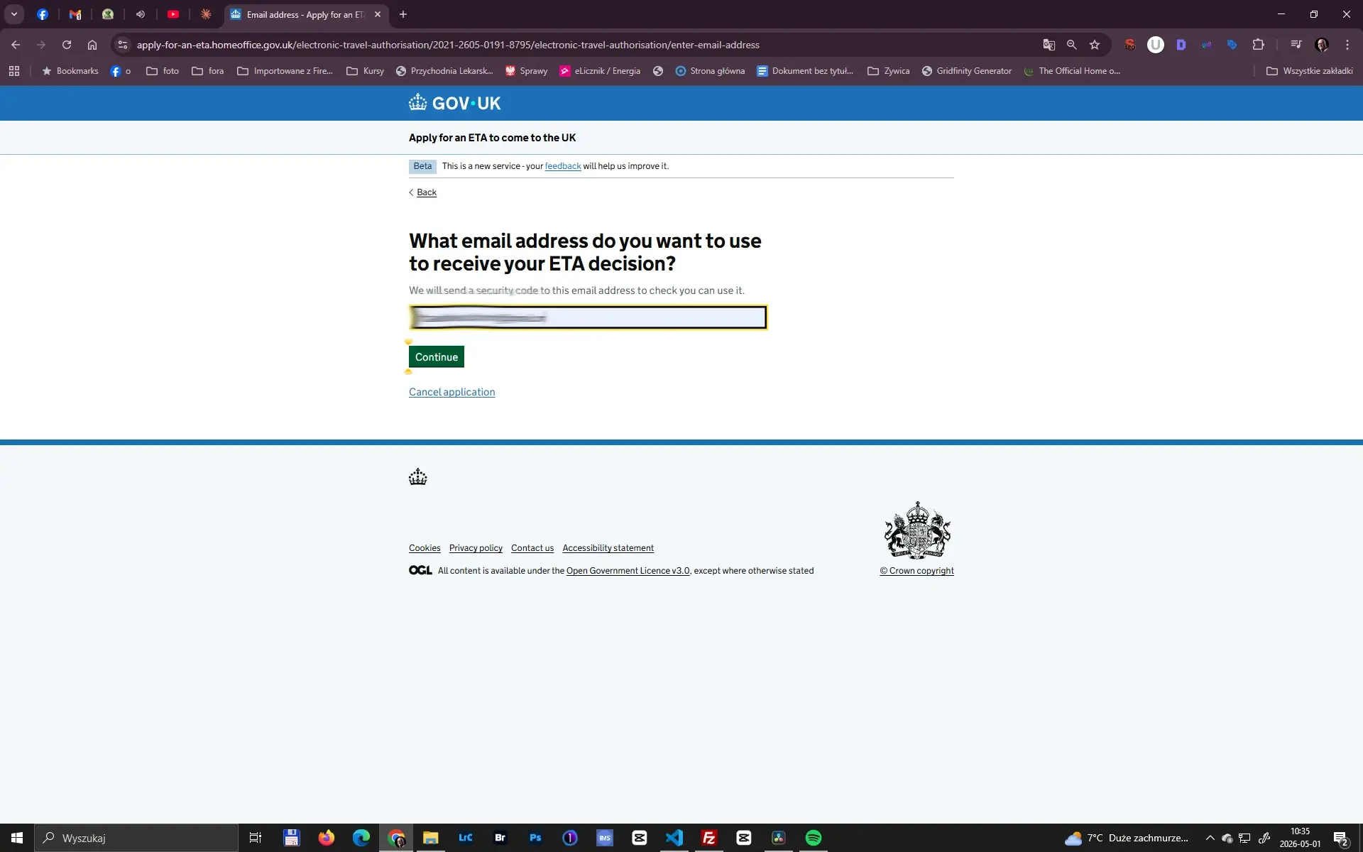 Formularz ETA Wielka Brytania – wpisanie adresu email w procesie aplikacji GOV.UK