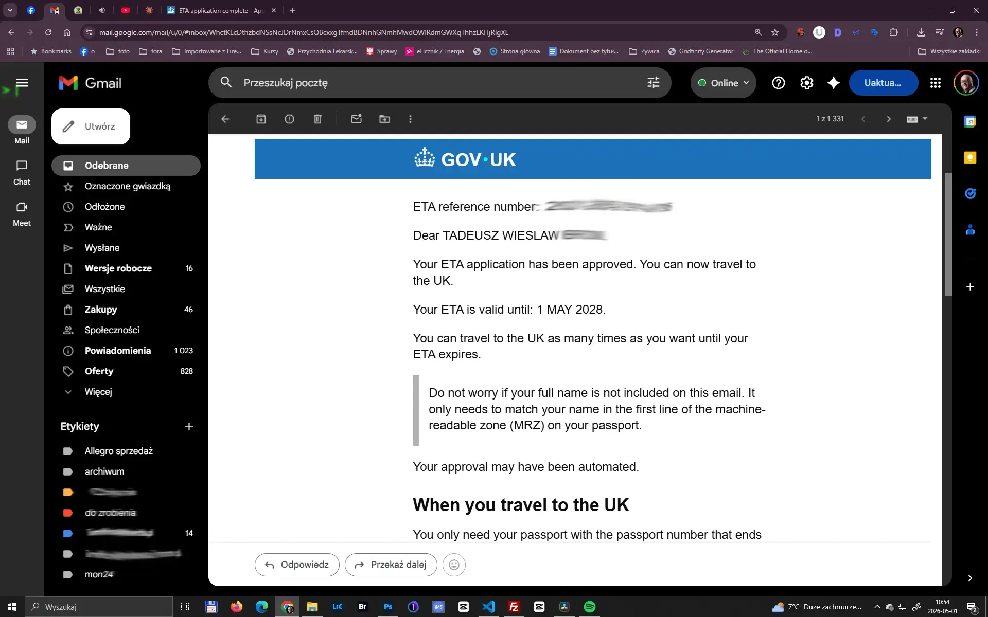 Email z potwierdzeniem ETA Wielka Brytania – zatwierdzenie wniosku GOV.UK