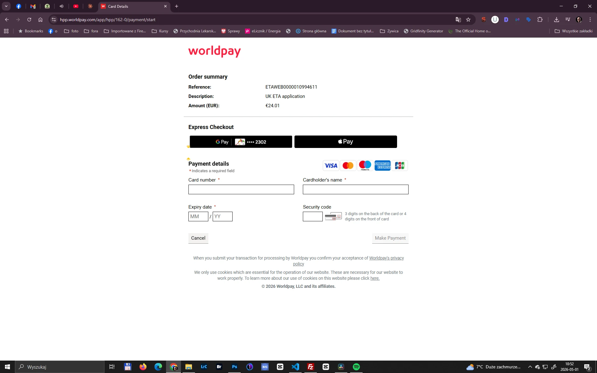 Koszt ETA do Wielkiej Brytanii – płatność online kartą, Google Pay i Apple Pay