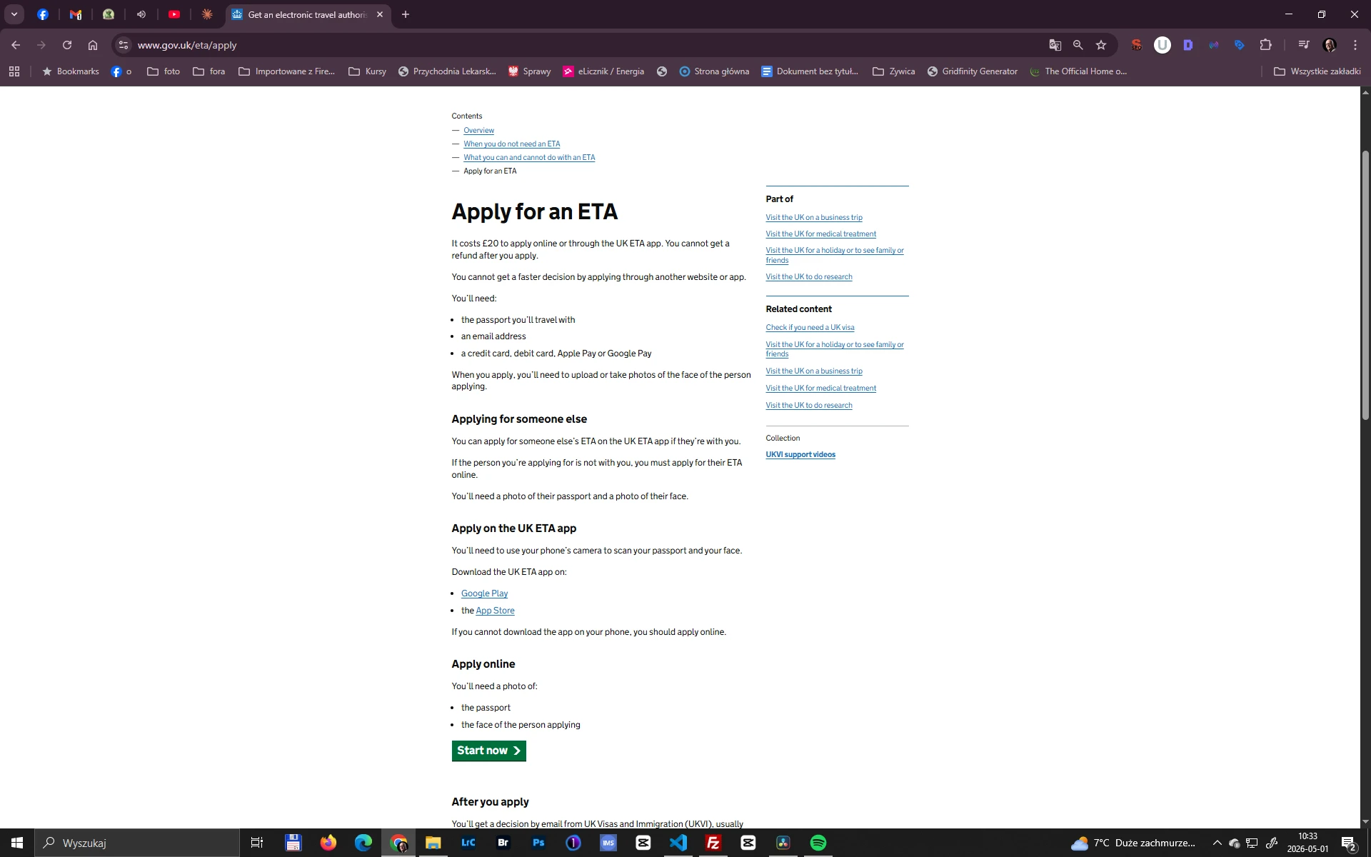 ETA do Wielkiej Brytanii – strona rządowa GOV.UK do składania wniosku online