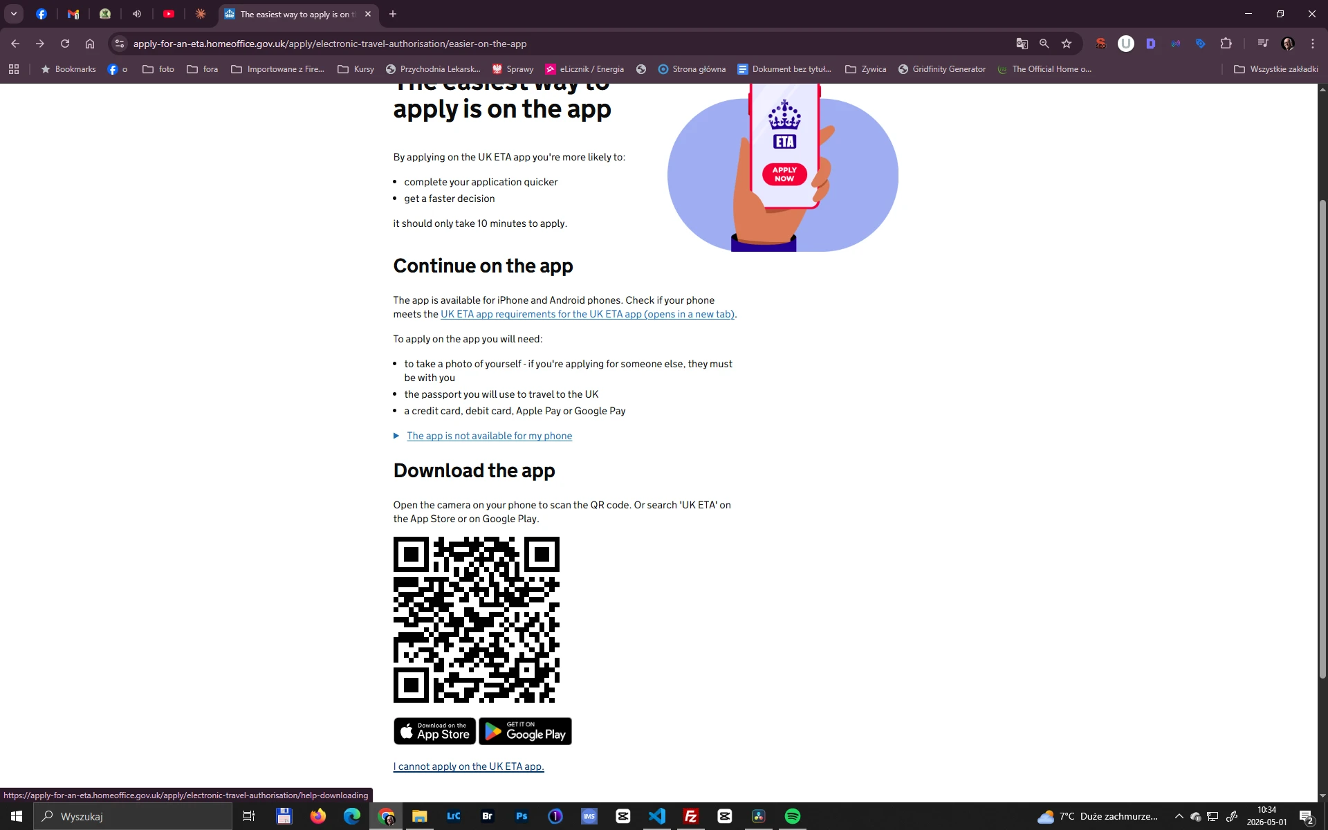 Aplikacja UK ETA – kod QR do pobrania z App Store i Google Play