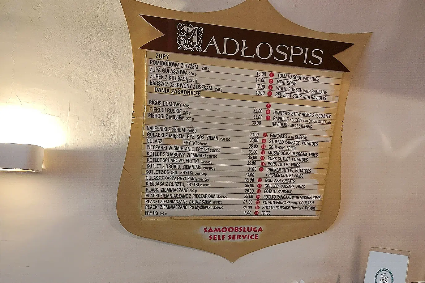 Jadłospis Baru Grodzkiego w Krakowie z cenami dań i napisem Samoobsługa